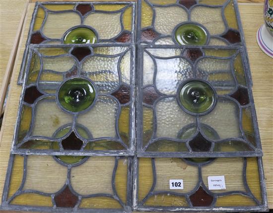 Six leaded stained glass panels W:30cm x H.32cm.